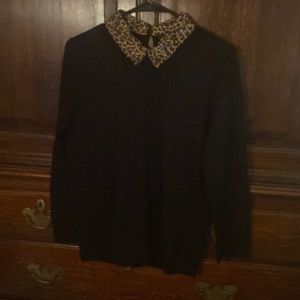Black JCrew sweater with leopard collar.